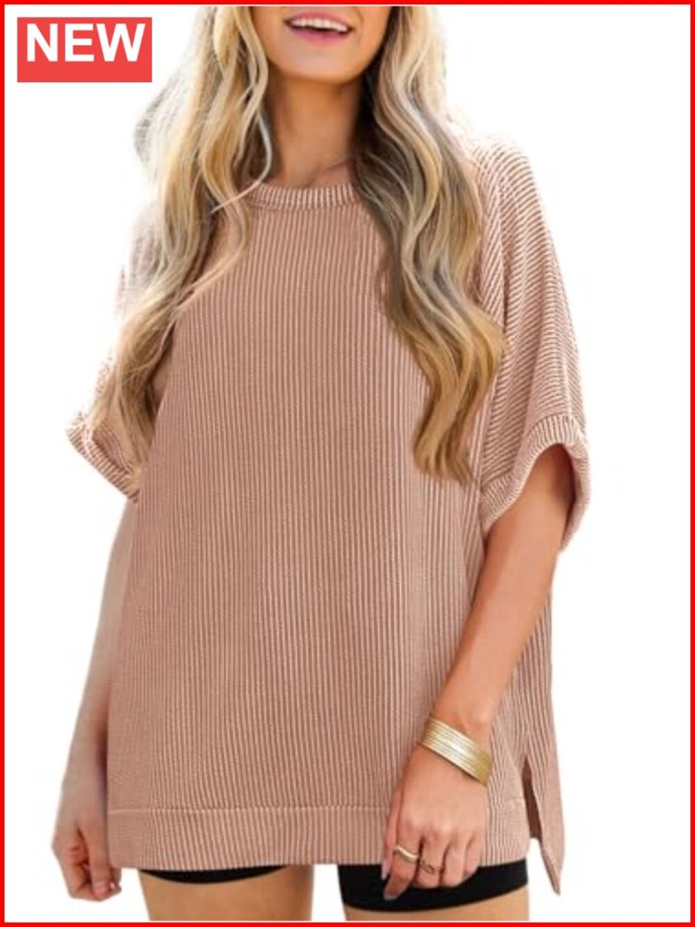 Oversized Ribbed Batwing Sleeve Tunic Tee Loose Fit Blouse